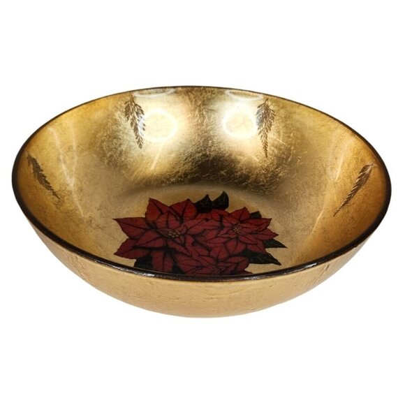 Christmas Holiday Glass Decorative Gold Bowl With Poinsettia Design - 10 Inch Di - Picture 1 of 12